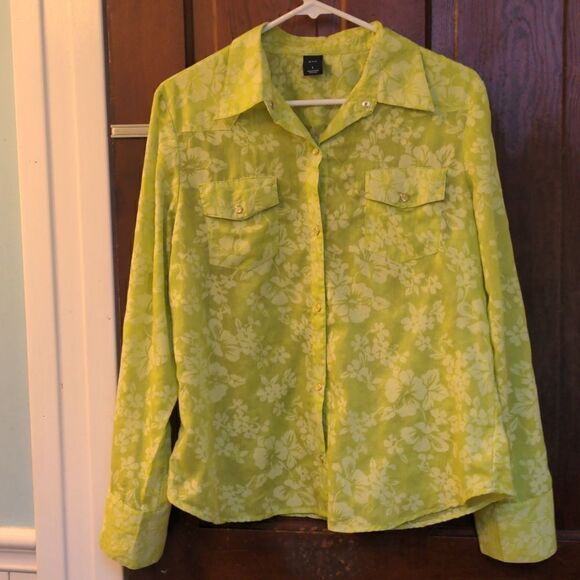 2 for $20 Gap Green Floral Sheer Western Shirt w/Pearl Buttons Sz L - Picture 6 of 13